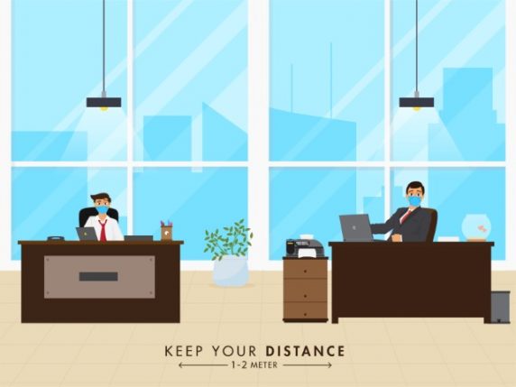 Illustration of Business men working away 1-2 meter distance to prevent from Coronavirus, Covid-19.